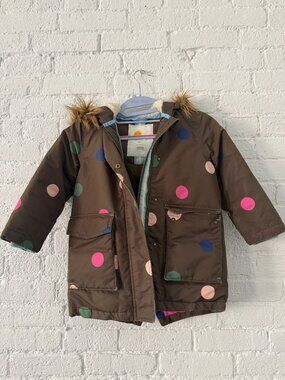 Mini Boden Girls Polka Dot Parka Coat — 4-5Y (110 cm), Faux Fur Hood
